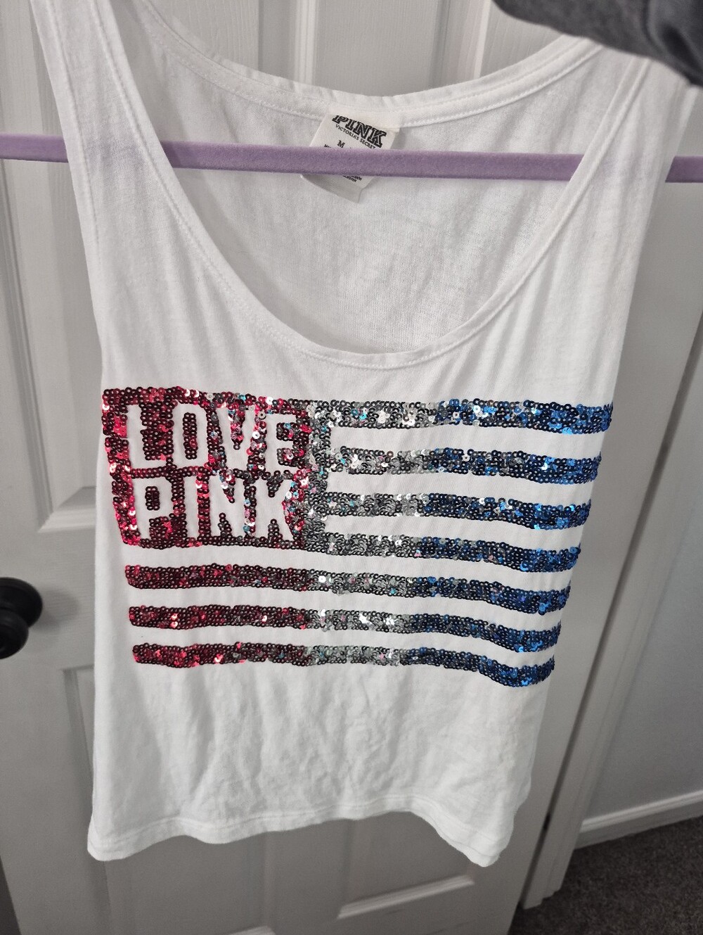 Victoria's Secret PINK White Sequin 'LOVE PINK' Flag Tank Top